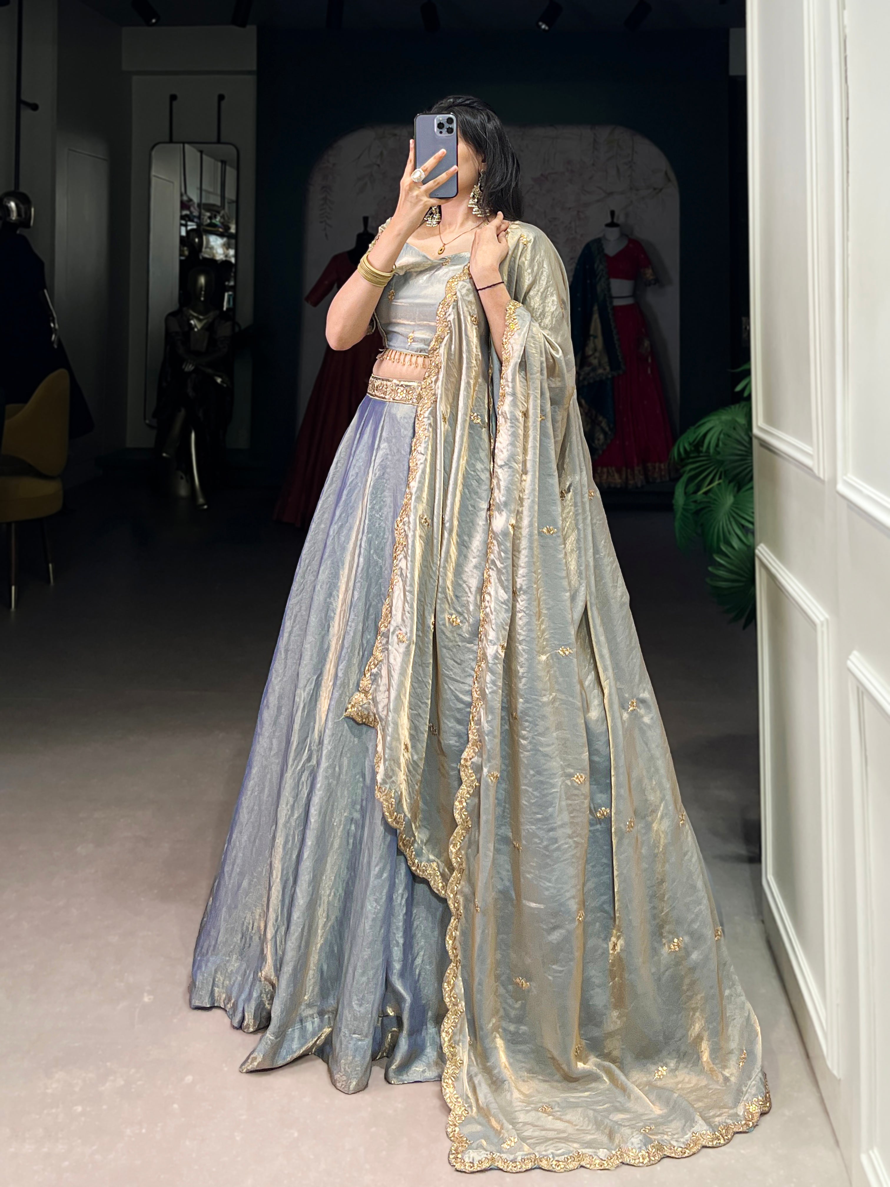 Lorenvalley Skyblue Fendi Silk Sequins and Thread Embroidery Work Belt Lehenga Choli with Dupatta
