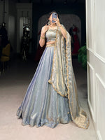 Thumbnail for Lorenvalley Skyblue Fendi Silk Sequins and Thread Embroidery Work Belt Lehenga Choli with Dupatta