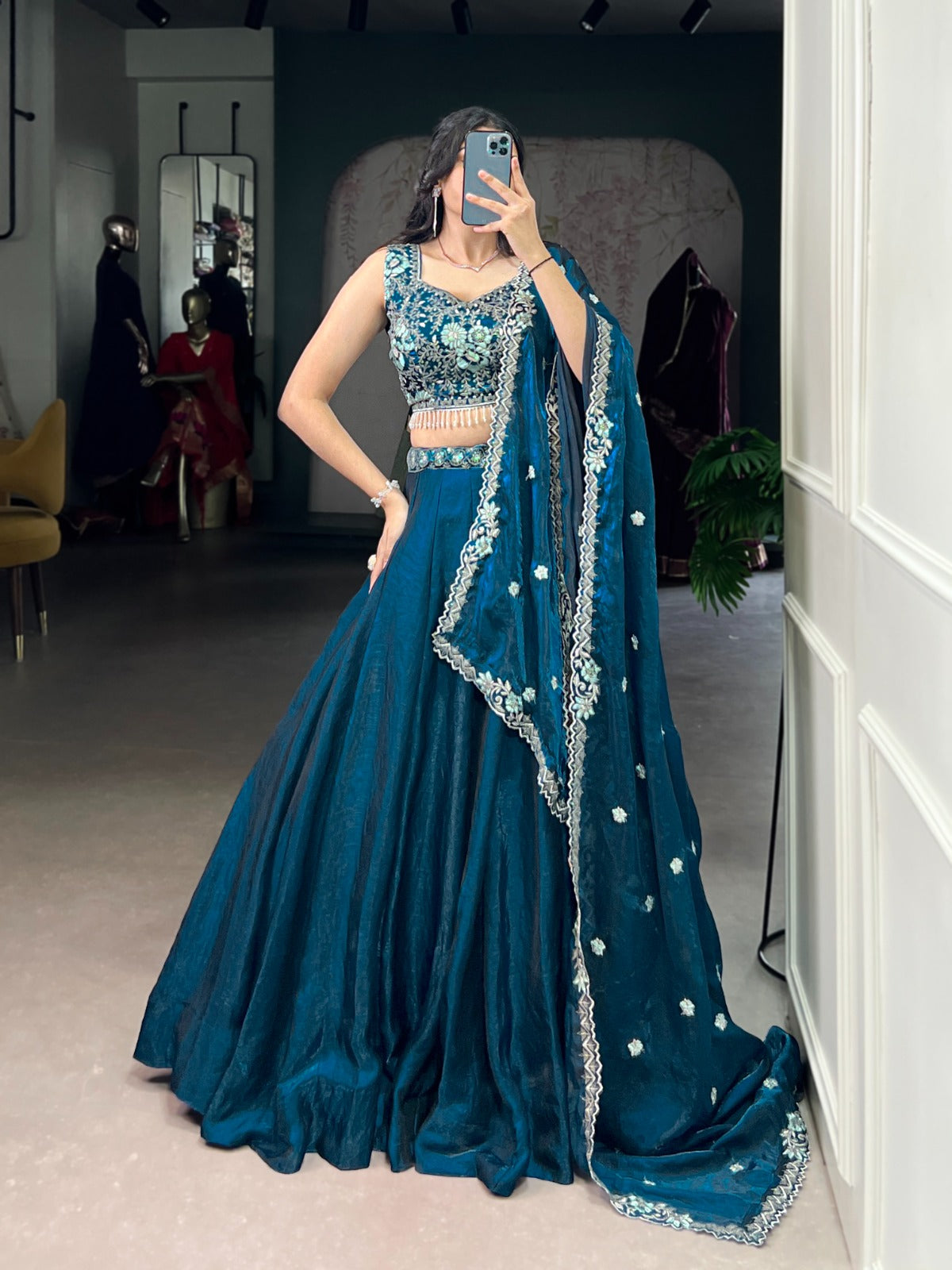 Lorenvalley Fashion Rama Fendi Silk Sequins and Thread Embroidery Work Belt Lehenga Choli with Dupatta