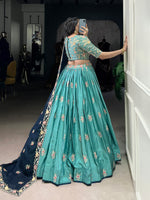 Thumbnail for Lorenvalley Skyblue Slab Silk Sequins and Thread Embroidery Work Lehenga Choli with Dupatta