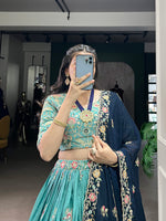 Thumbnail for Lorenvalley Skyblue Slab Silk Sequins and Thread Embroidery Work Lehenga Choli with Dupatta