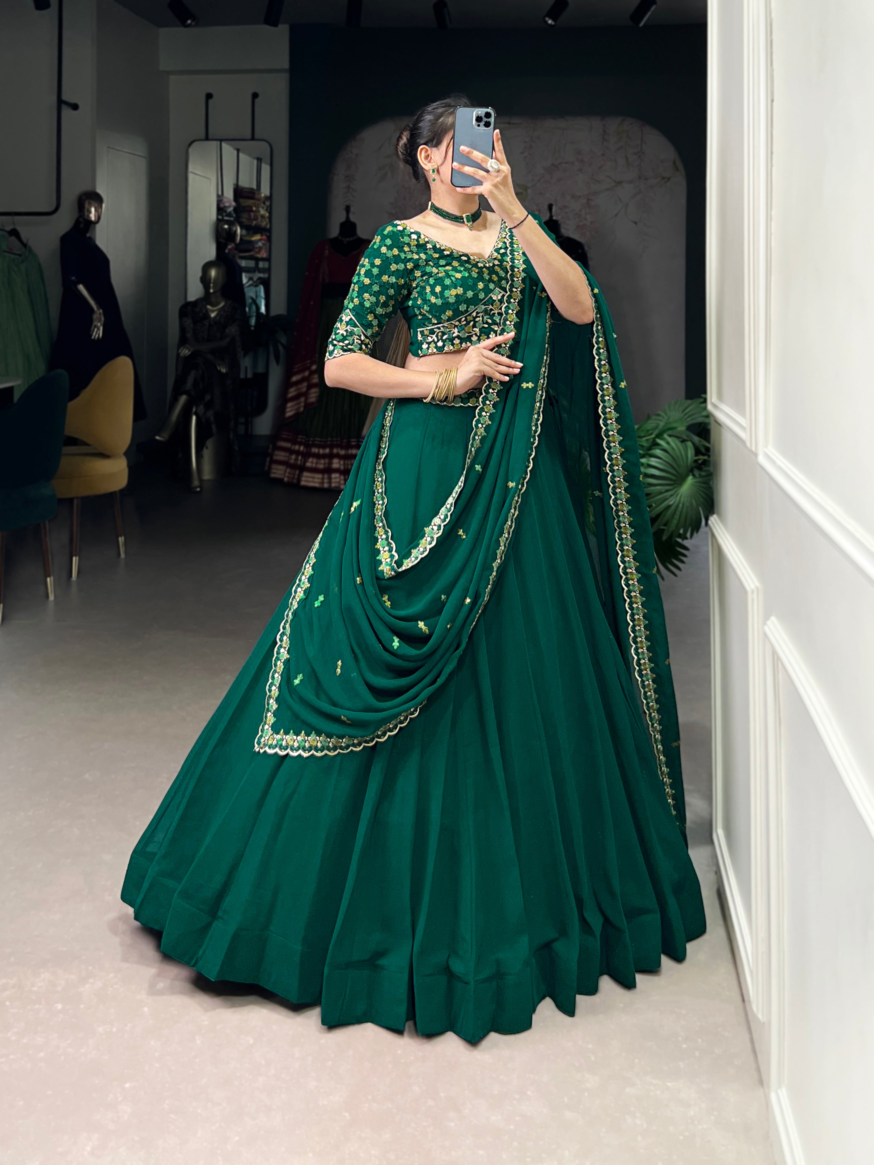 Lorenvalley Fashion Green Georgette Thread Embroidery Work Belt Lehenga Choli with Dupatta