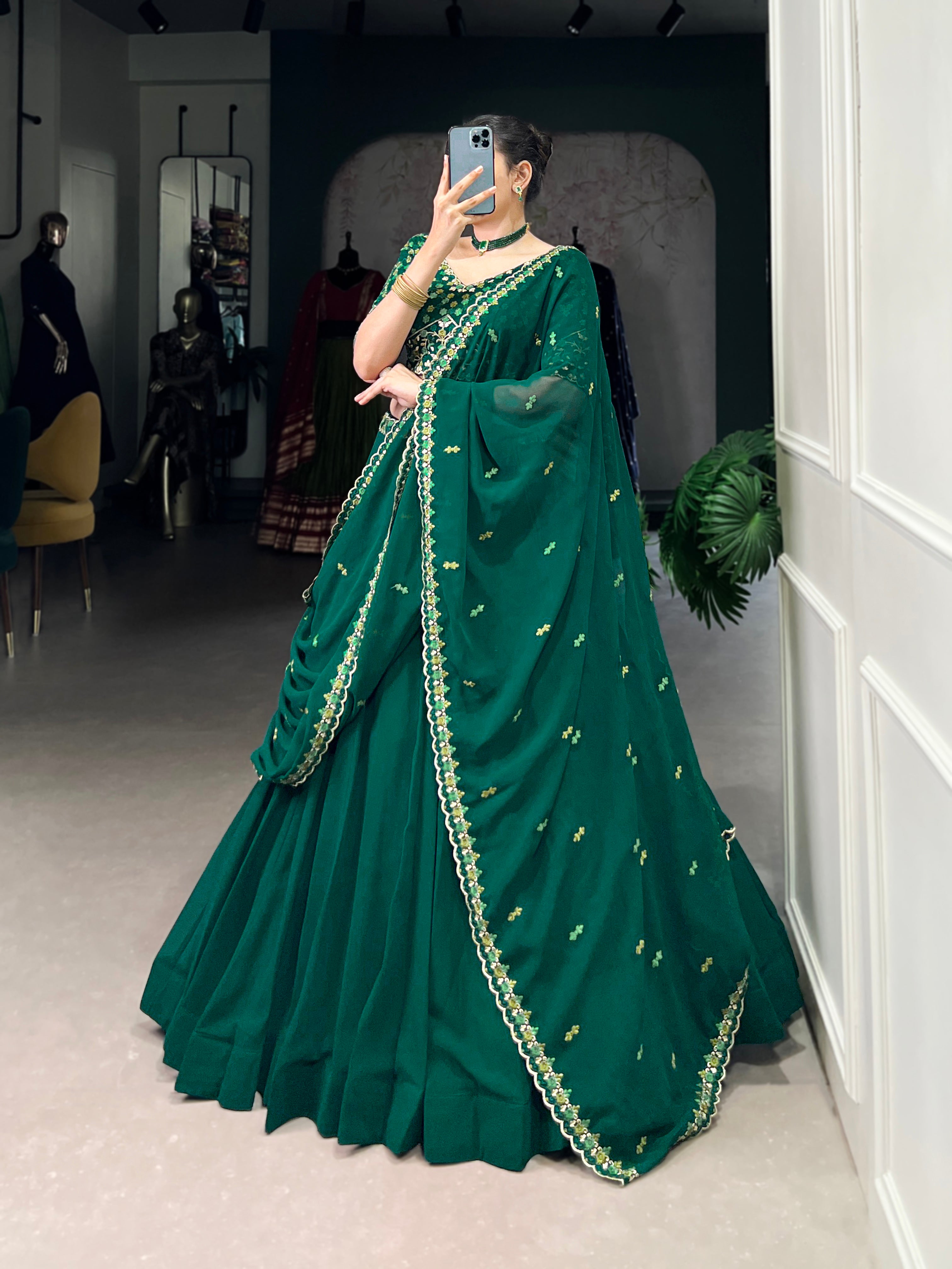 Lorenvalley Fashion Green Georgette Thread Embroidery Work Belt Lehenga Choli with Dupatta