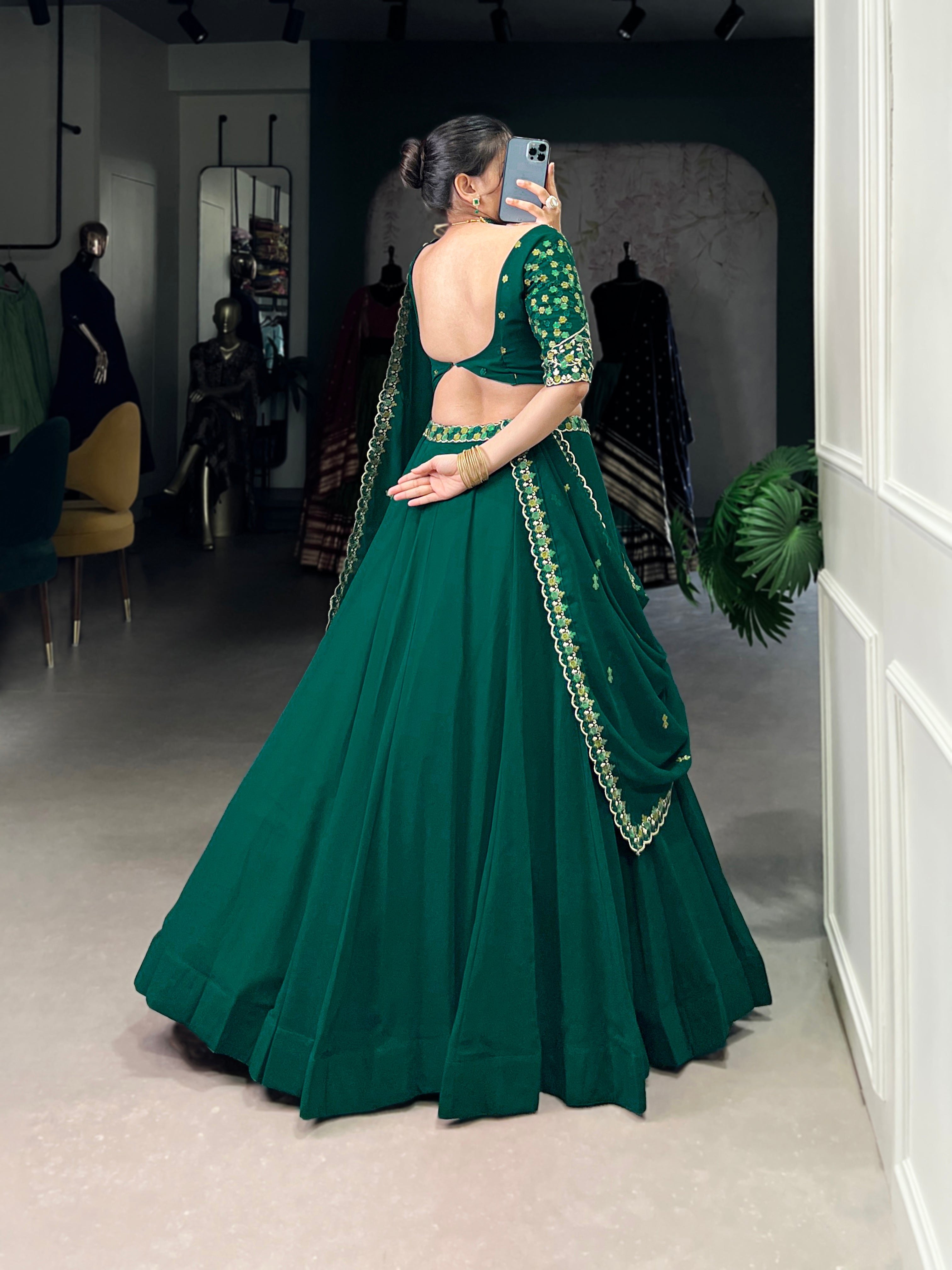 Lorenvalley Fashion Green Georgette Thread Embroidery Work Belt Lehenga Choli with Dupatta