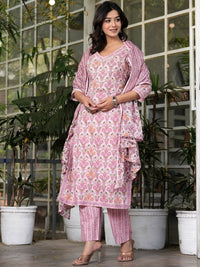 Thumbnail for Ethnic Motifs Printed Pure Cotton Straight Kurta with Palazzos & With Dupatta (Pink) - Rasiya