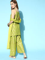 Thumbnail for Ode by House of Pataudi Lime Green & Golden Ethnic Motif Print Kurta Set - Distacart