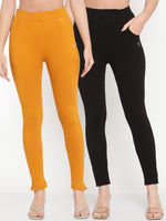 Thumbnail for TAG 7 Women Black & Mustard Yellow Pack of 2 Straight Fit Ankle-Length Leggings - Distacart