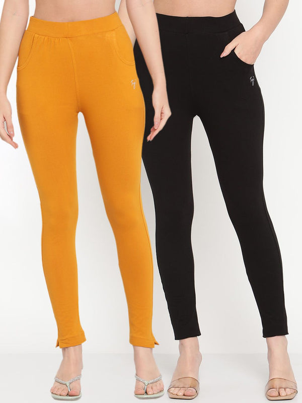 TAG 7 Women Black & Mustard Yellow Pack of 2 Straight Fit Ankle-Length Leggings - Distacart