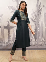 Thumbnail for Vishudh Green Round Neck Printed Regular Straight Kurta with Trousers & With Dupatta - Distacart
