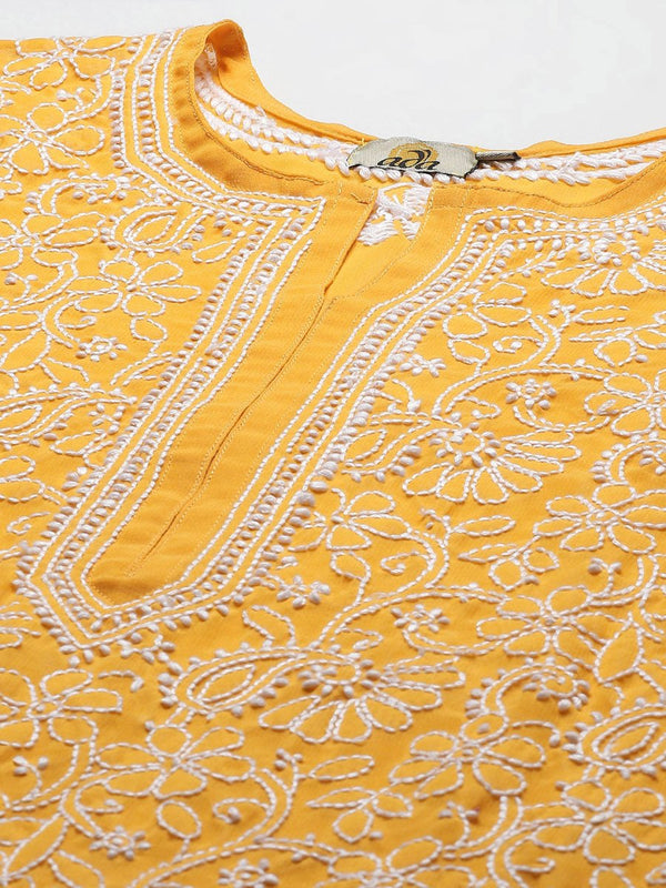 ADA Women Mustard Yellow Embroidered Regular Chikankari Handloom Kurta with Palazzos - Distacart