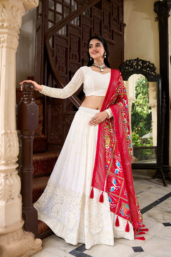 Lorenvalley Fashion White Georgette Lucknowi Paper Mirror Work Lehenga Choli with Dupatta