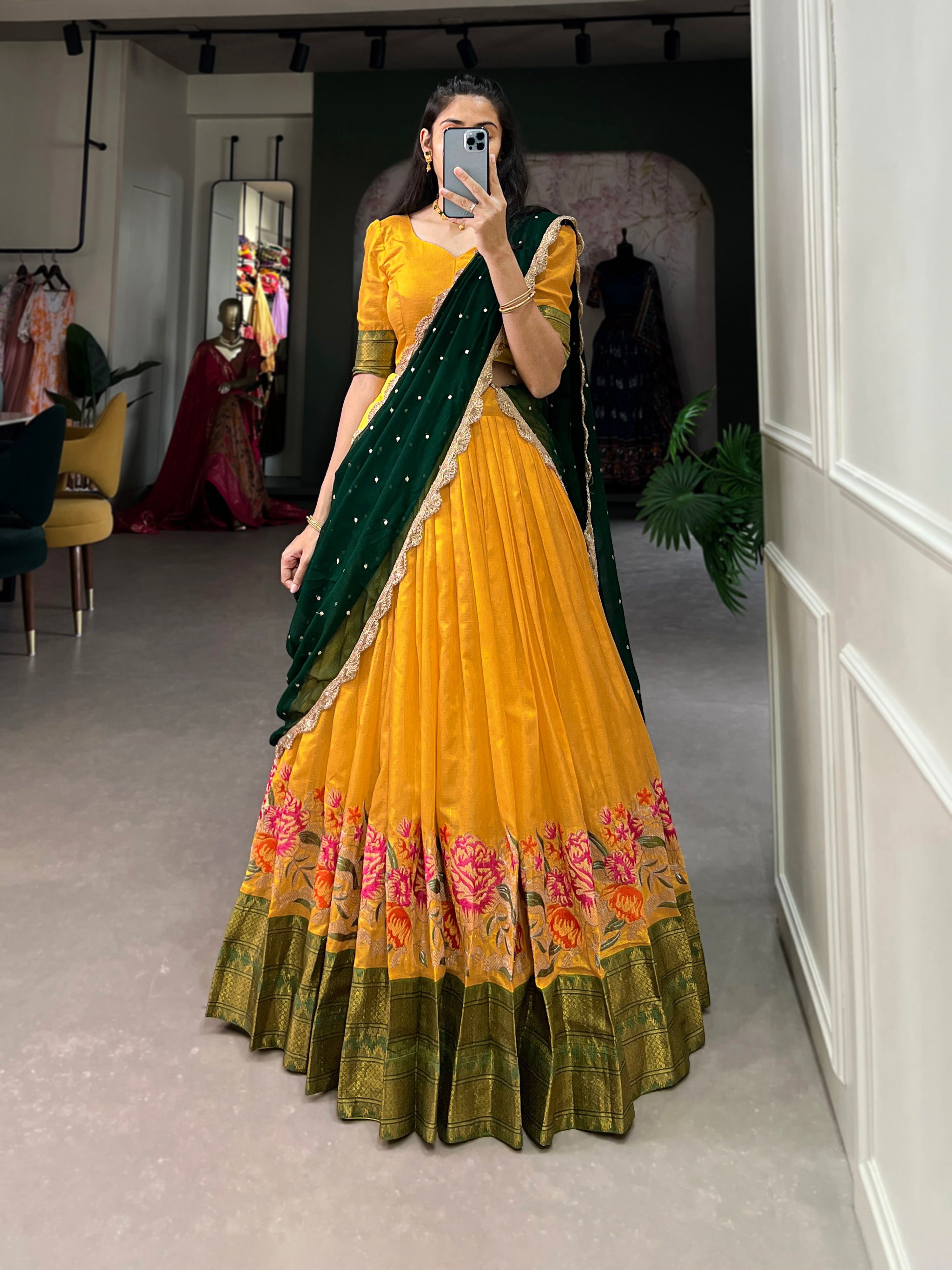 Lorenvalley Fashion Mustard Cotton Silk Thread Embroidery Work Lehenga Choli with Dupatta