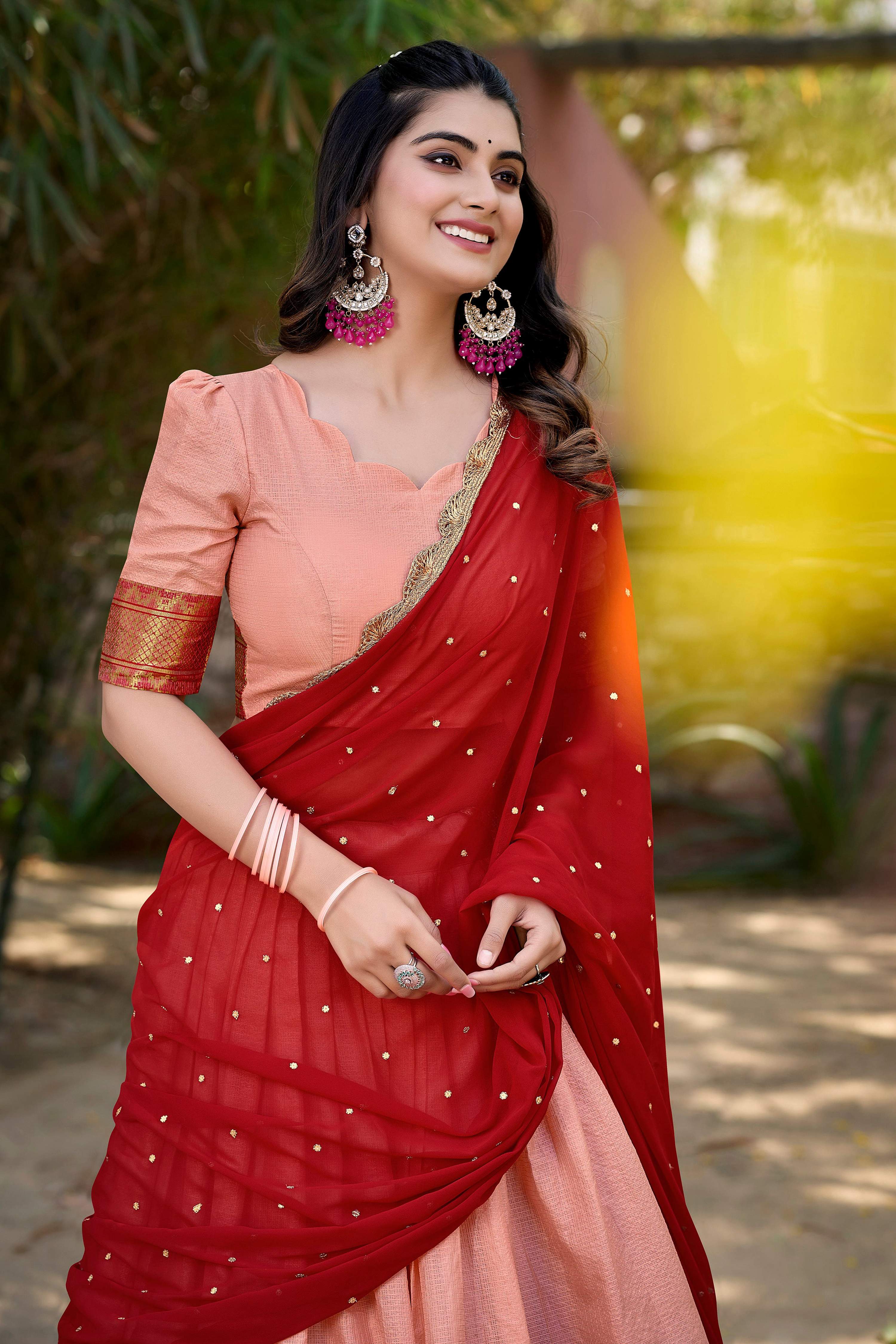 Lorenvalley Fashion Peach Cotton Silk Thread Embroidery Work Lehenga Choli with Dupatta