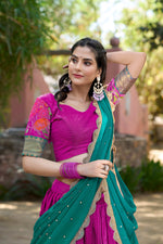 Thumbnail for Lorenvalley Fashion Pink Cotton Silk Thread Embroidery Work Lehenga Choli with Dupatta
