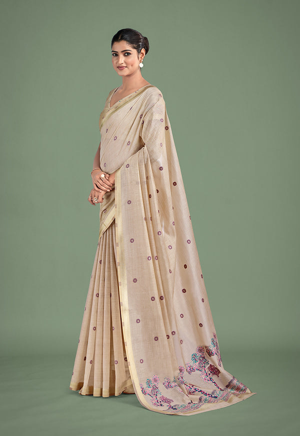 Monjolika Fashion Imaginative Beige & Pink Woven Butti Pattern Cotton Silk Saree