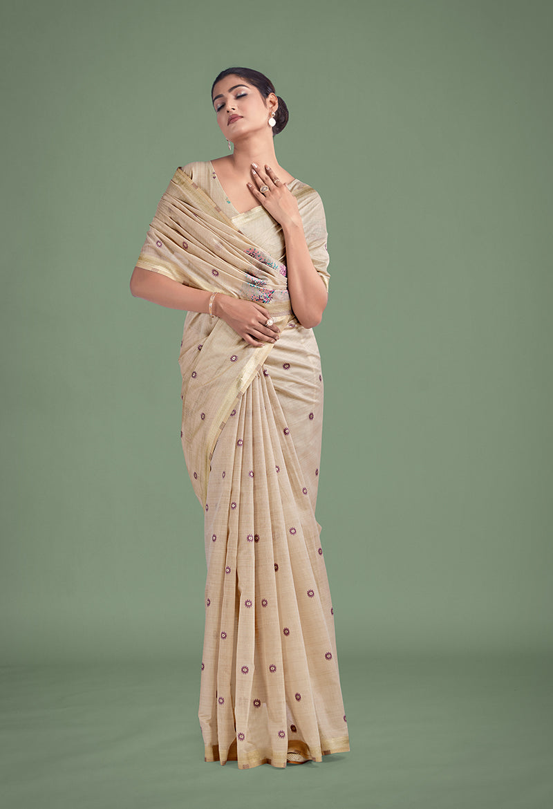 Monjolika Fashion Imaginative Beige & Pink Woven Butti Pattern Cotton Silk Saree