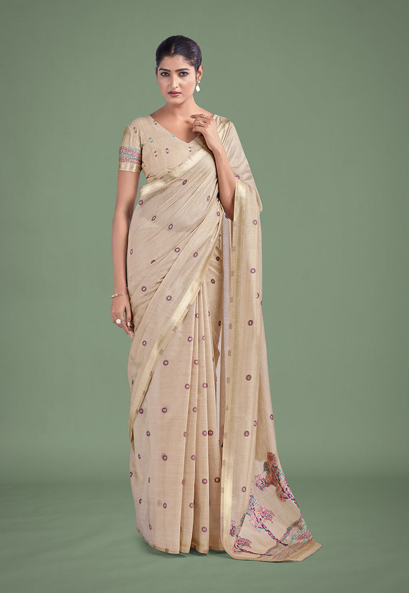 Monjolika Fashion Imaginative Beige & Pink Woven Butti Pattern Cotton Silk Saree