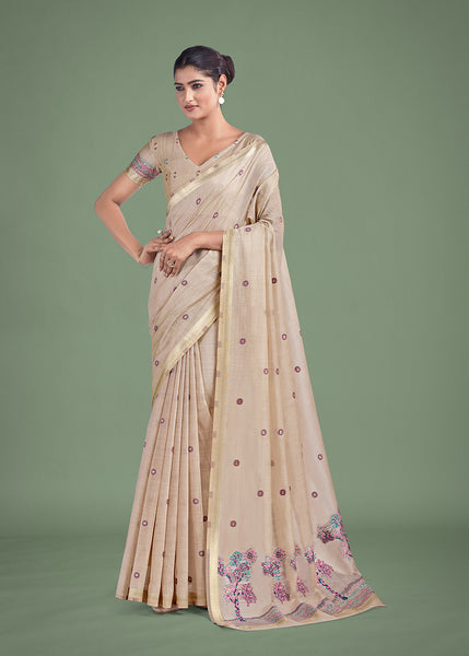 Monjolika Fashion Imaginative Beige & Pink Woven Butti Pattern Cotton Silk Saree