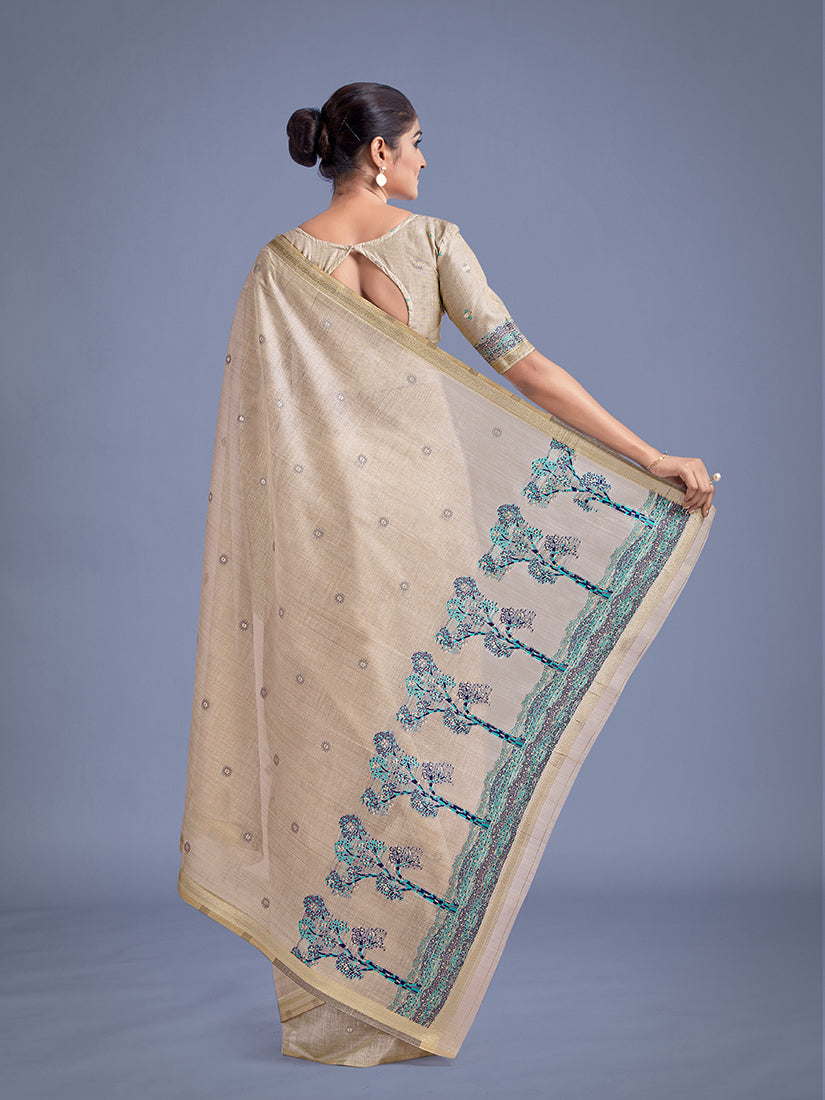 Monjolika Fashion Imaginative Beige & Blue Woven Butti Pattern Cotton Silk Saree