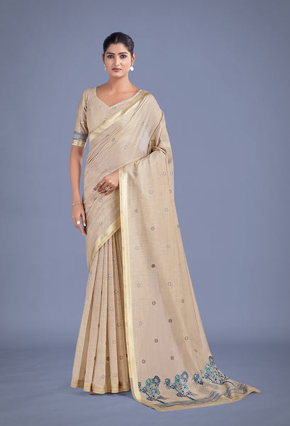Monjolika Fashion Imaginative Beige & Blue Woven Butti Pattern Cotton Silk Saree