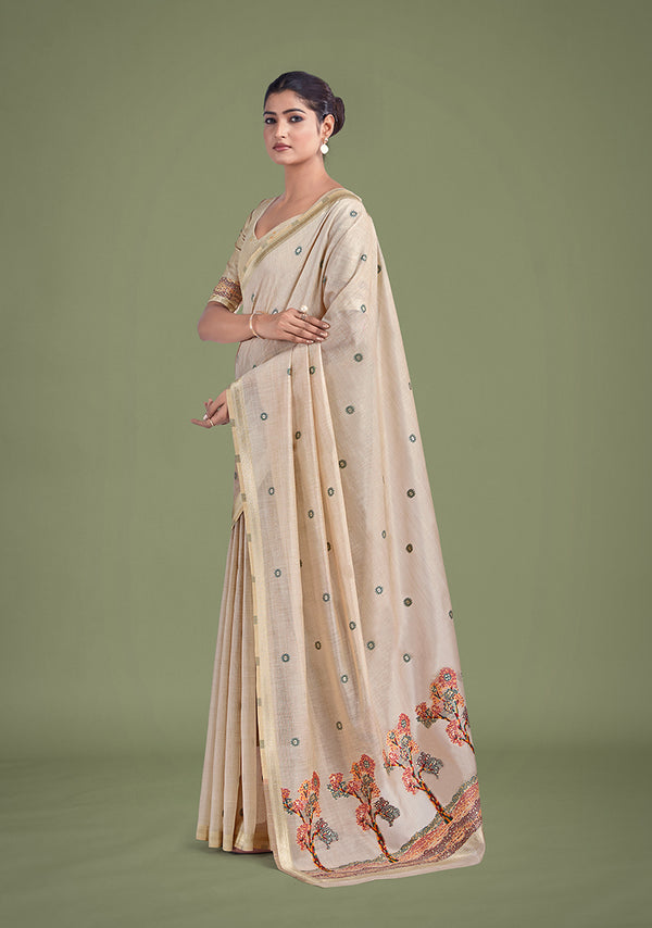 Monjolika Fashion Imaginative Beige & Maroon Woven Butti Pattern Cotton Silk Saree