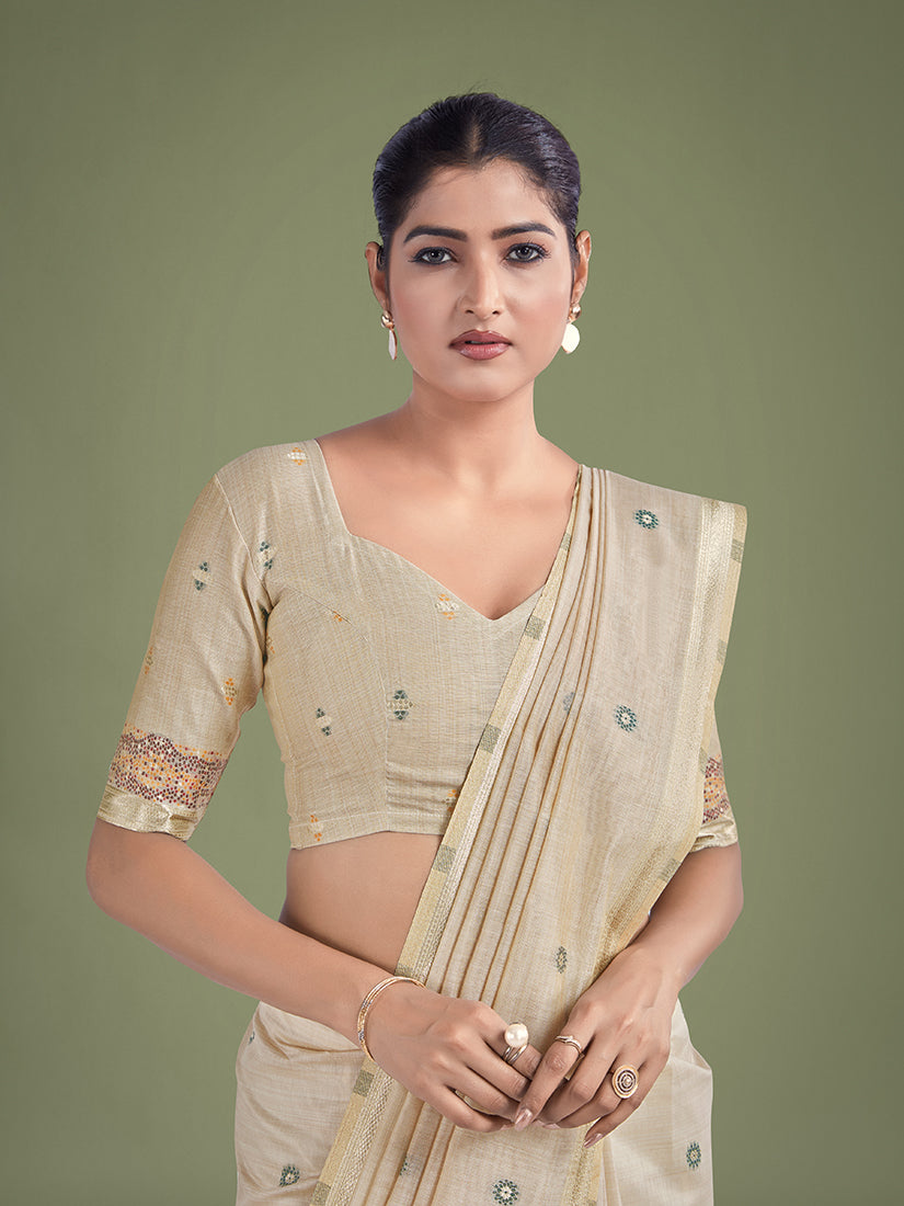 Monjolika Fashion Imaginative Beige & Maroon Woven Butti Pattern Cotton Silk Saree