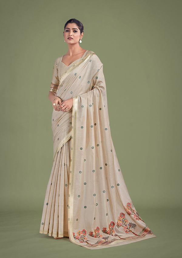 Monjolika Fashion Imaginative Beige & Maroon Woven Butti Pattern Cotton Silk Saree