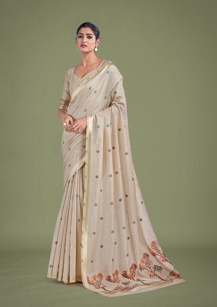 Monjolika Fashion Imaginative Beige & Maroon Woven Butti Pattern Cotton Silk Saree