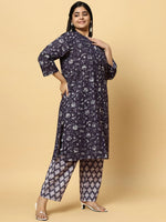Thumbnail for Sztori Plus Size Floral Printed Pure Cotton Straight Kurta with Trousers - Distacart