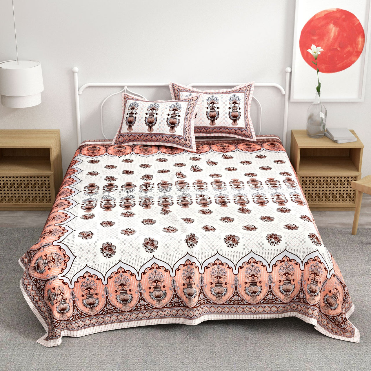 Brown White Floral Design Cotton 300TC Super King Bedsheet With 2 Zipper Pillow Covers - King Size by House of Ree