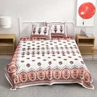 Thumbnail for Brown White Floral Design Cotton 300TC Super King Bedsheet With 2 Zipper Pillow Covers - King Size by House of Ree