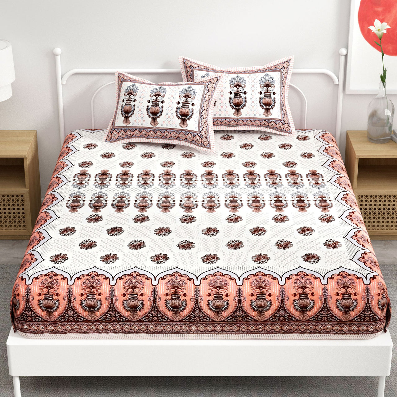 Brown White Floral Design Cotton 300TC Super King Bedsheet With 2 Zipper Pillow Covers - King Size by House of Ree