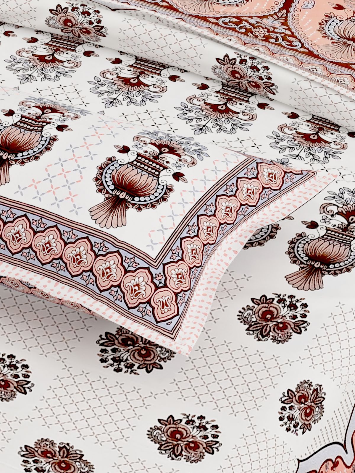 Brown White Floral Design Cotton 300TC Super King Bedsheet With 2 Zipper Pillow Covers - King Size by House of Ree