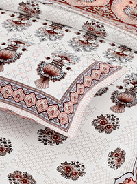 Thumbnail for Brown White Floral Design Cotton 300TC Super King Bedsheet With 2 Zipper Pillow Covers - King Size by House of Ree