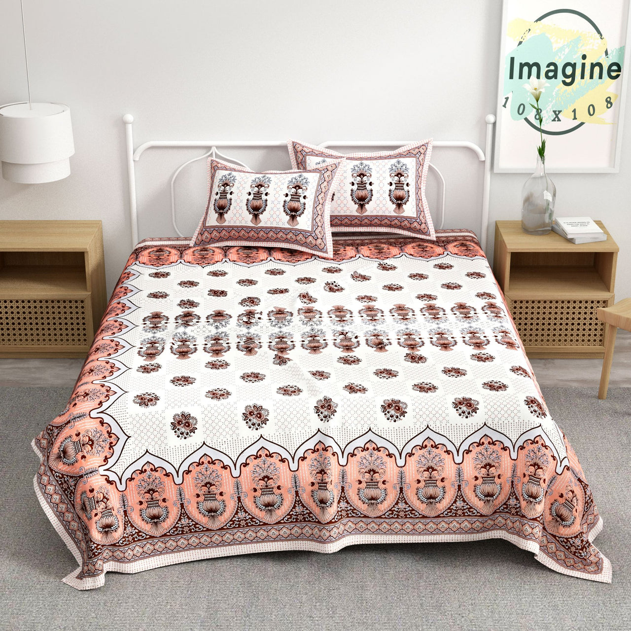 Brown White Floral Design Cotton 300TC Super King Bedsheet With 2 Zipper Pillow Covers - King Size by House of Ree
