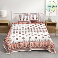 Thumbnail for Brown White Floral Design Cotton 300TC Super King Bedsheet With 2 Zipper Pillow Covers - King Size by House of Ree