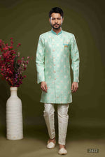Thumbnail for Raivat Ethnic Banarasi Jacquard Embroidery Semi Indo Western Sherwani In Pista Green Colour