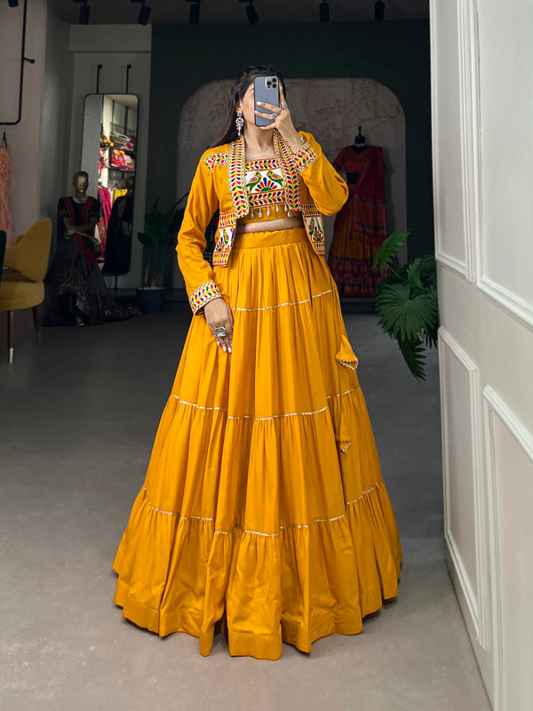 Lorenvalley Fashion Mustard Pure Rayon Plain With Gota Patti Touch Up Lehenga Choli with Koti