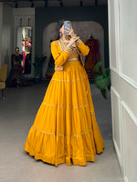 Thumbnail for Lorenvalley Fashion Mustard Pure Rayon Plain With Gota Patti Touch Up Lehenga Choli with Koti