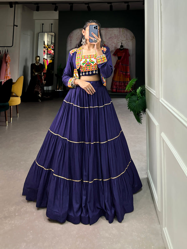 Lorenvalley Fashion Navyblue Pure Rayon Plain With Gota Patti Touch Up Lehenga Choli with Koti