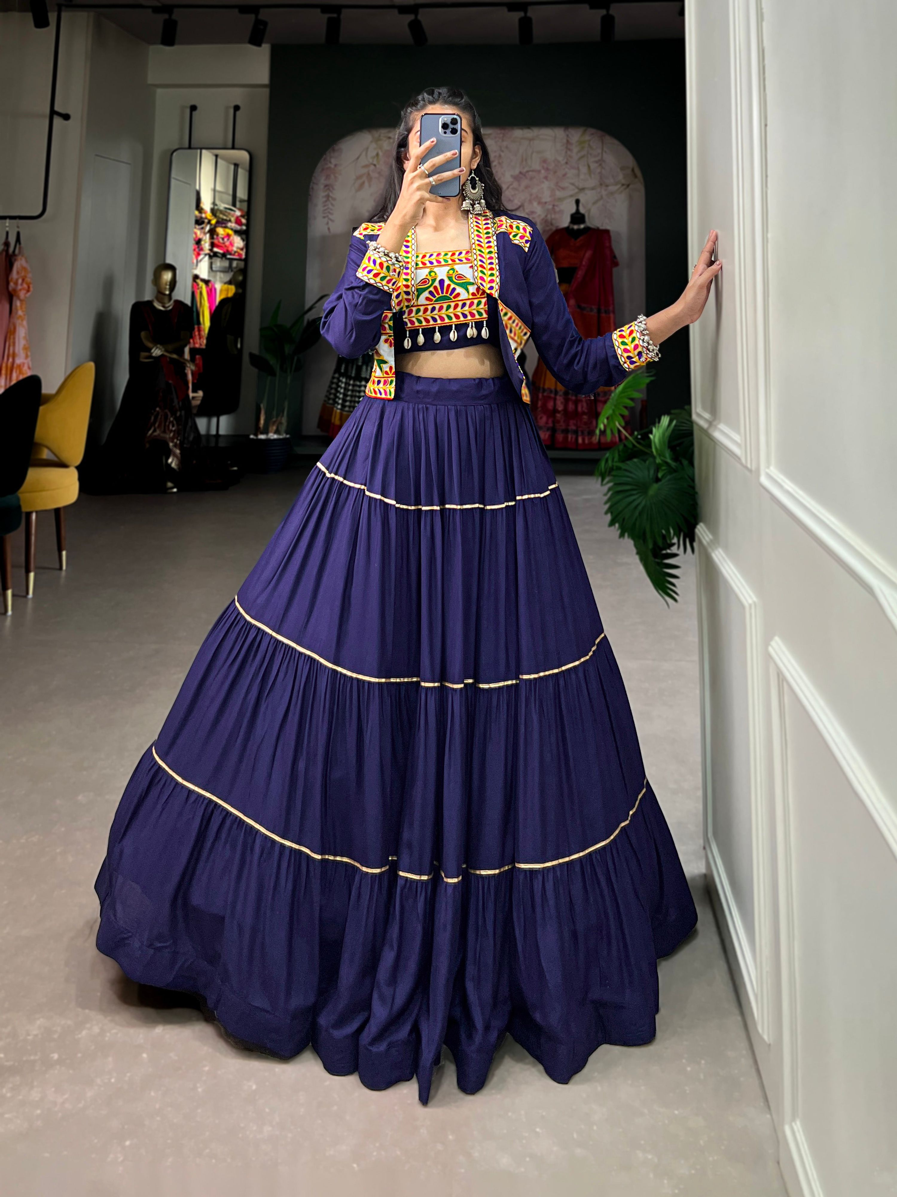 Lorenvalley Fashion Navyblue Pure Rayon Plain With Gota Patti Touch Up Lehenga Choli with Koti