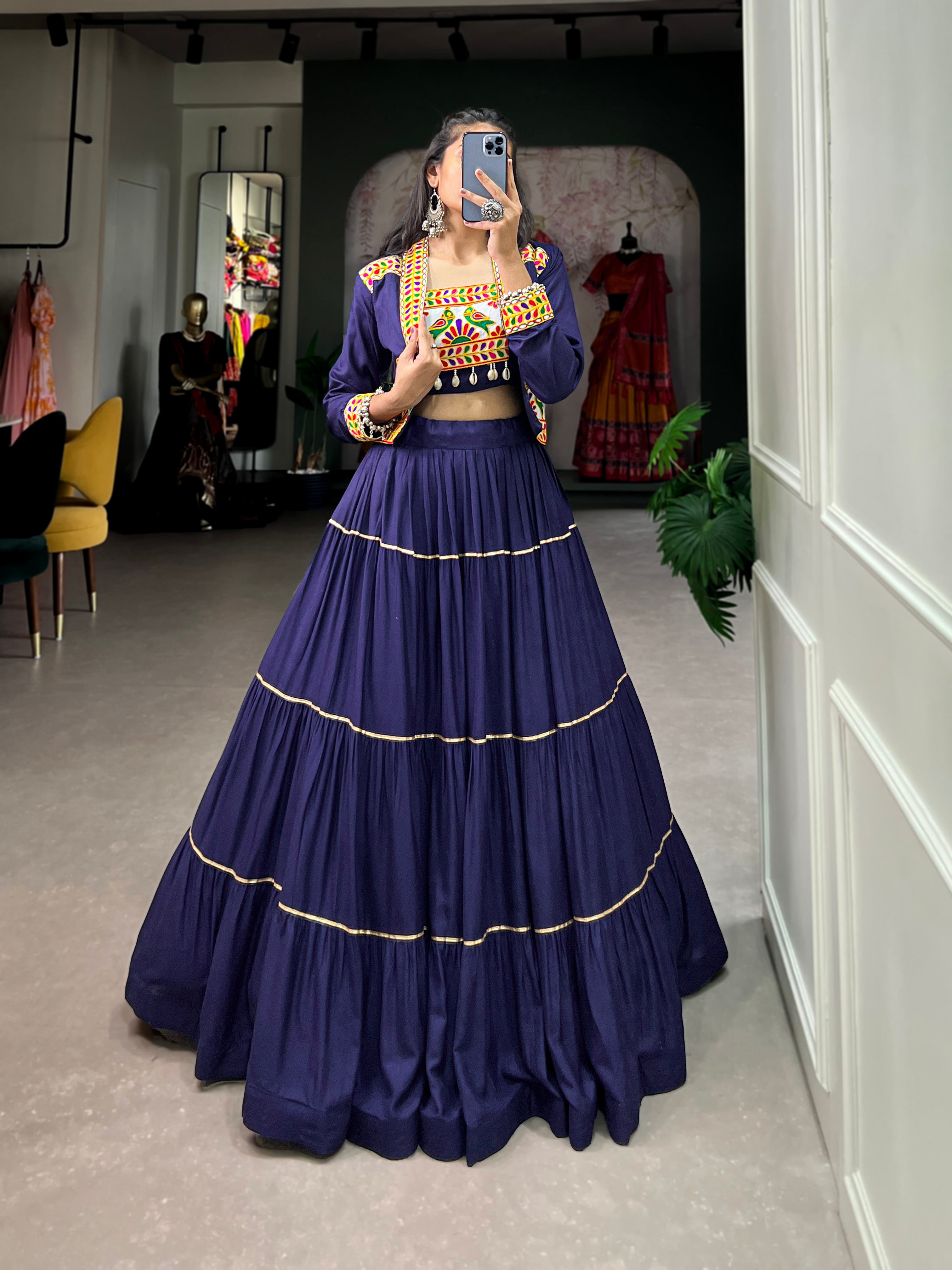 Lorenvalley Fashion Navyblue Pure Rayon Plain With Gota Patti Touch Up Lehenga Choli with Koti