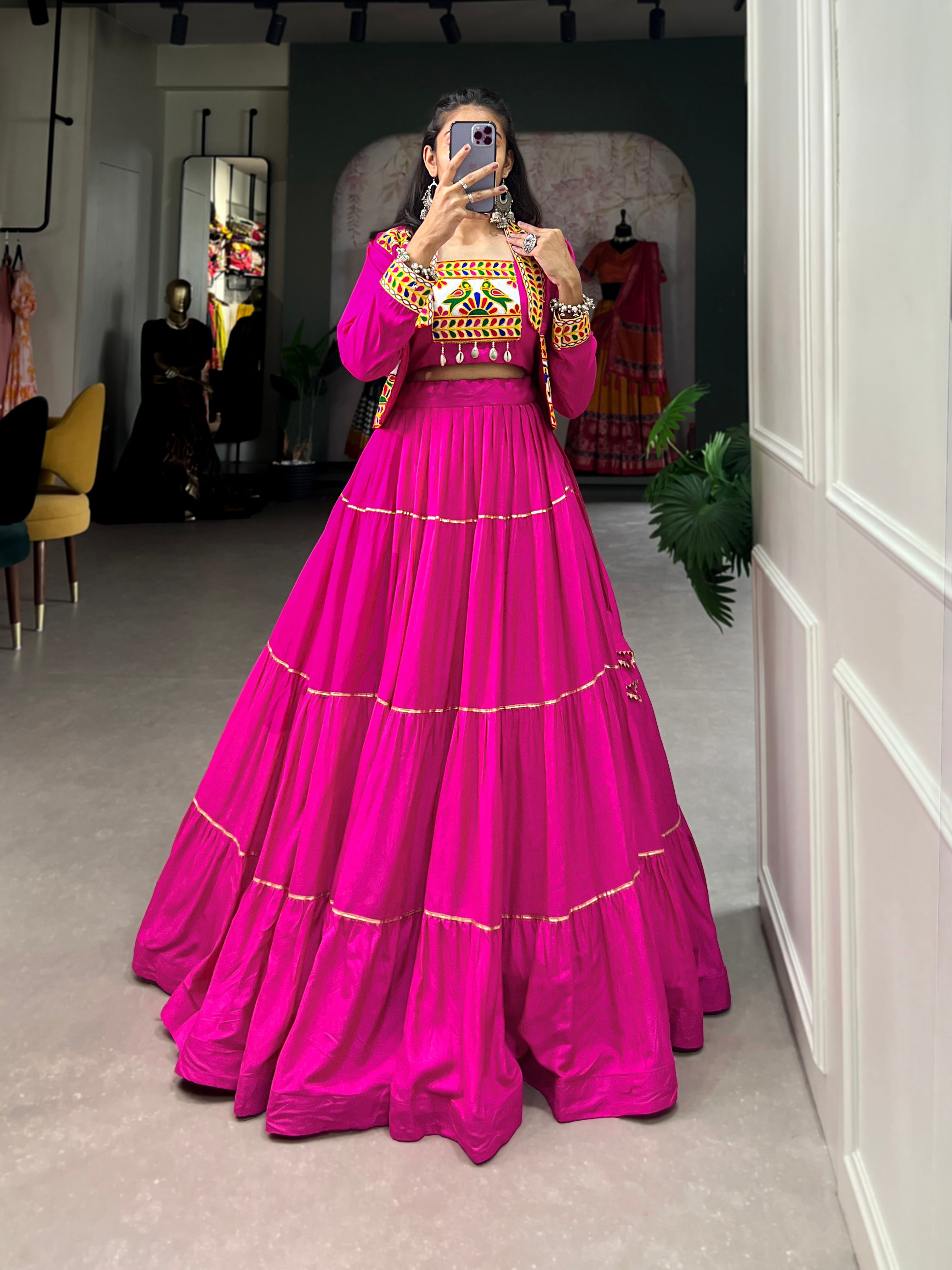 Lorenvalley Fashion Pink Pure Rayon Plain With Gota Patti Touch Up Lehenga Choli with Koti