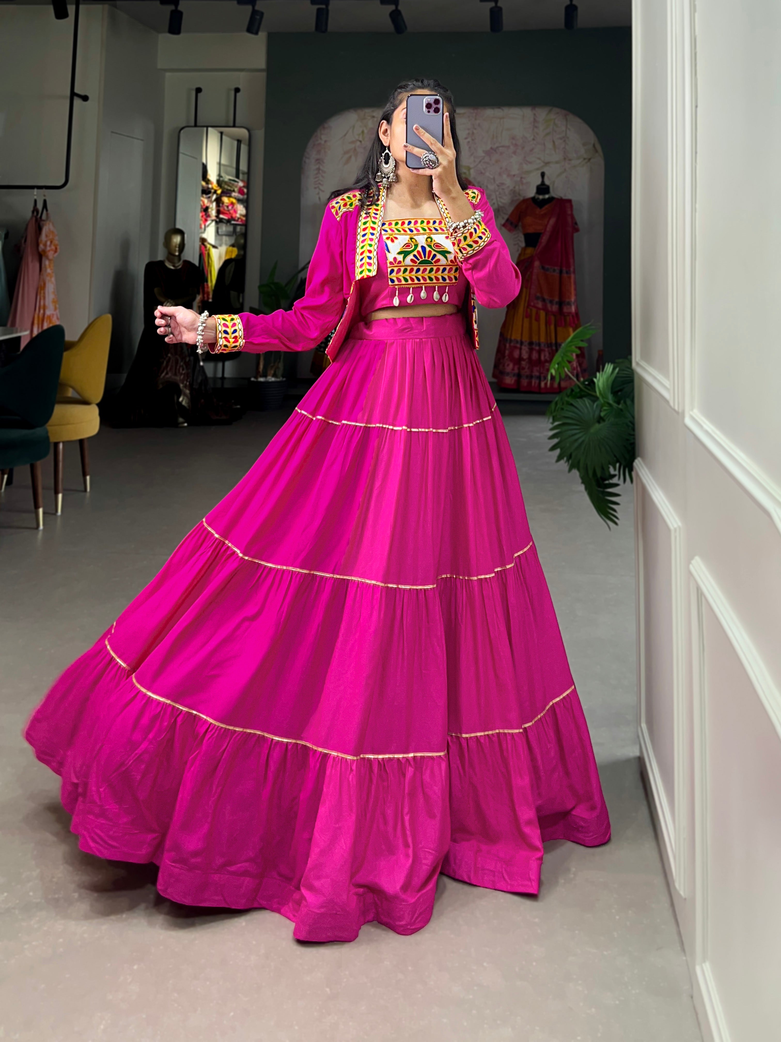 Lorenvalley Fashion Pink Pure Rayon Plain With Gota Patti Touch Up Lehenga Choli with Koti