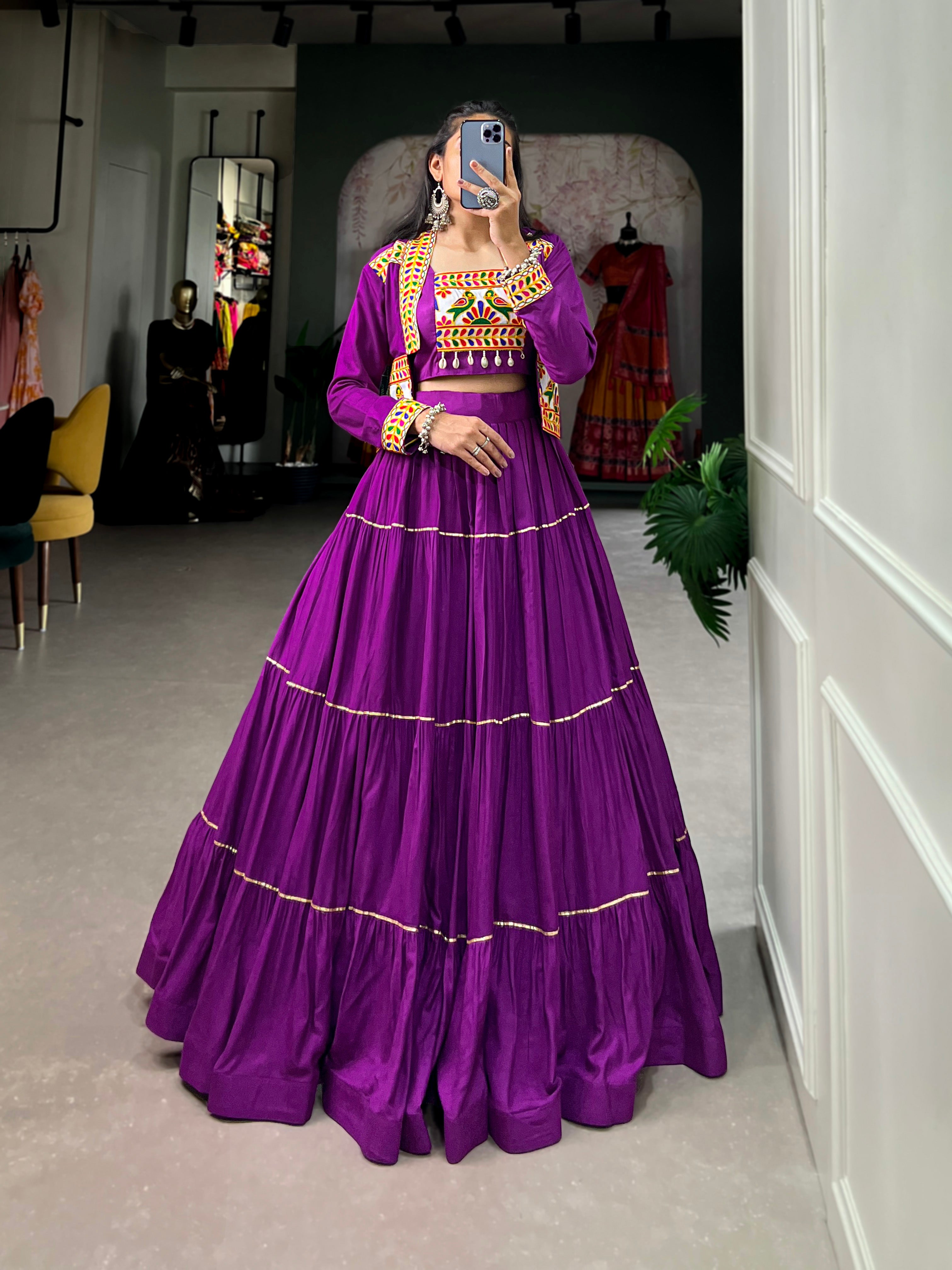 Lorenvalley Fashion Purple Pure Rayon Plain With Gota Patti Touch Up Lehenga Choli with Koti
