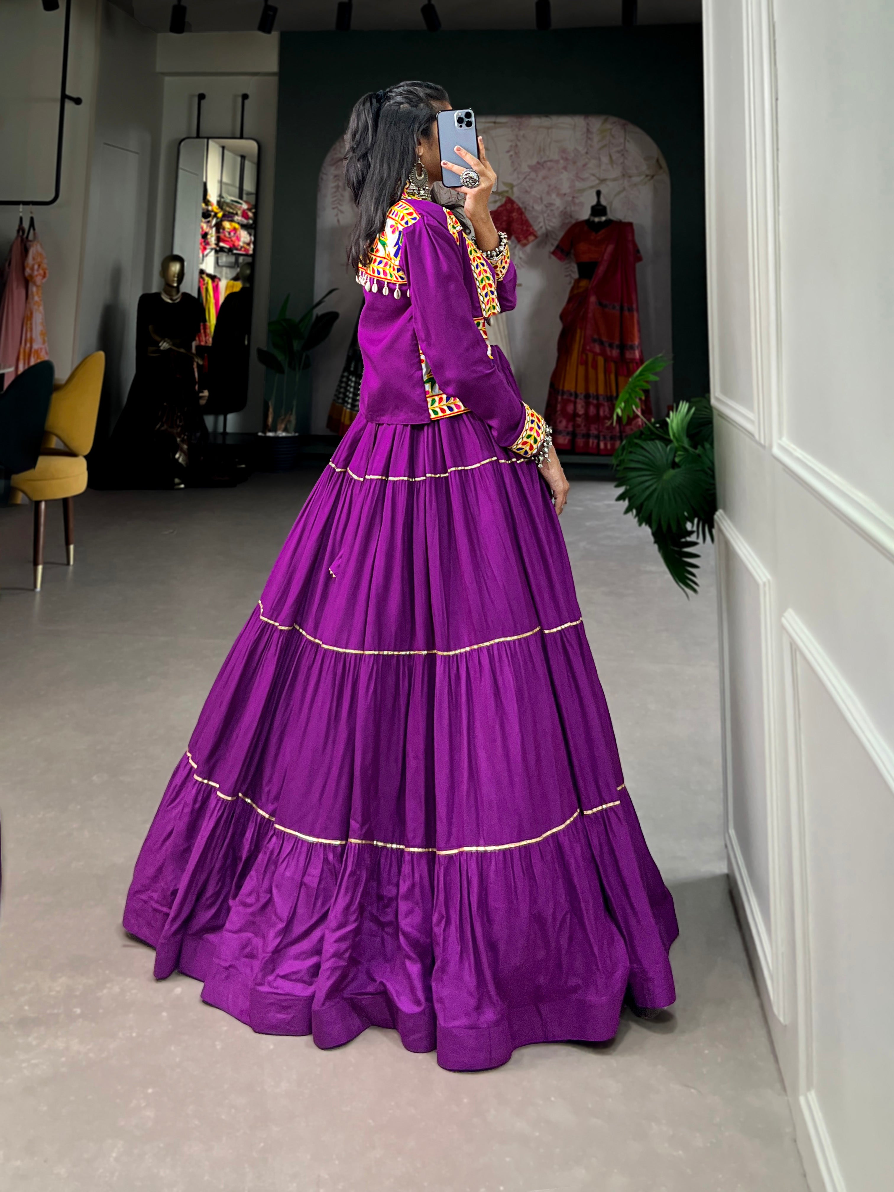 Lorenvalley Fashion Purple Pure Rayon Plain With Gota Patti Touch Up Lehenga Choli with Koti
