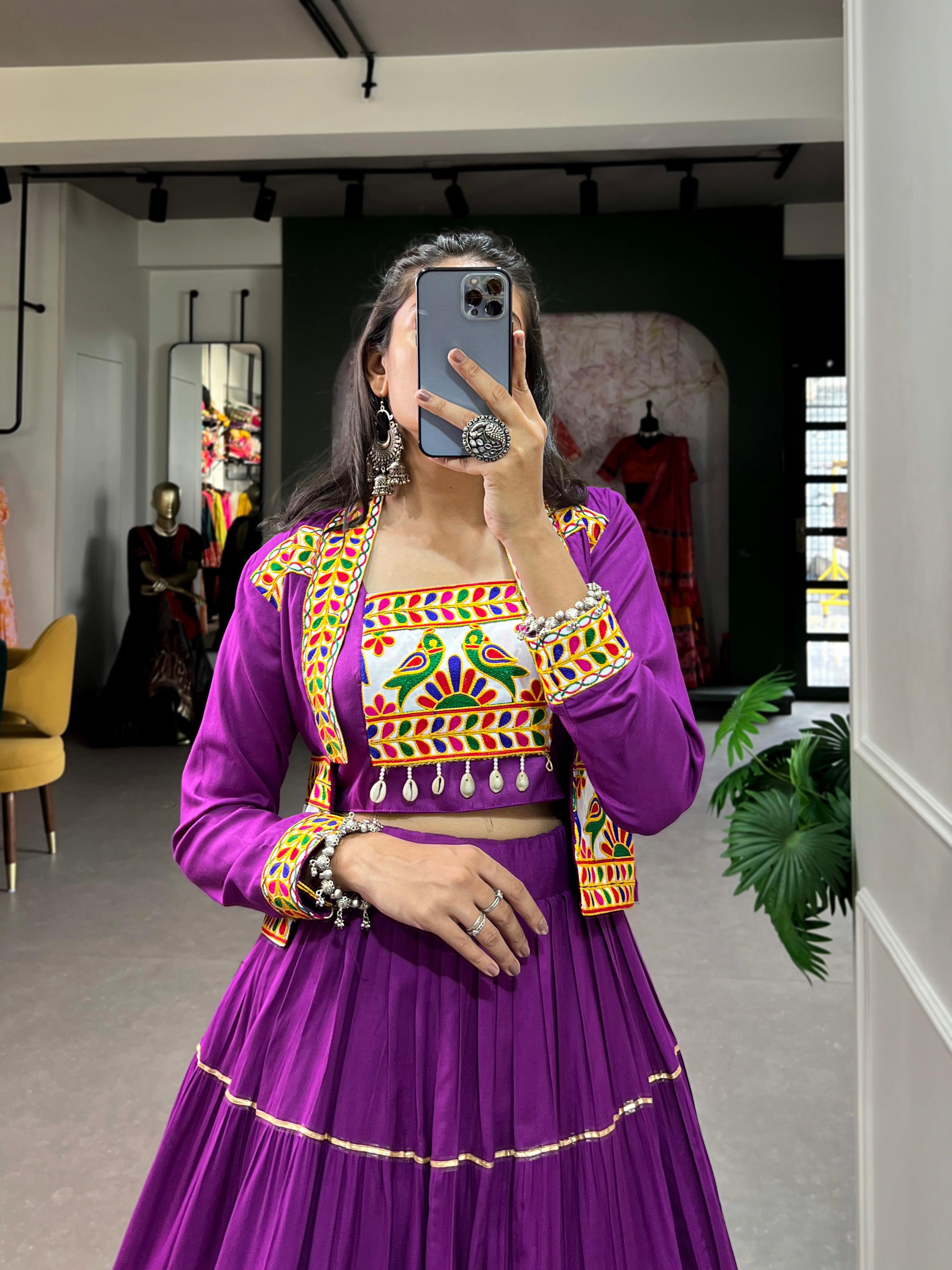 Lorenvalley Fashion Purple Pure Rayon Plain With Gota Patti Touch Up Lehenga Choli with Koti