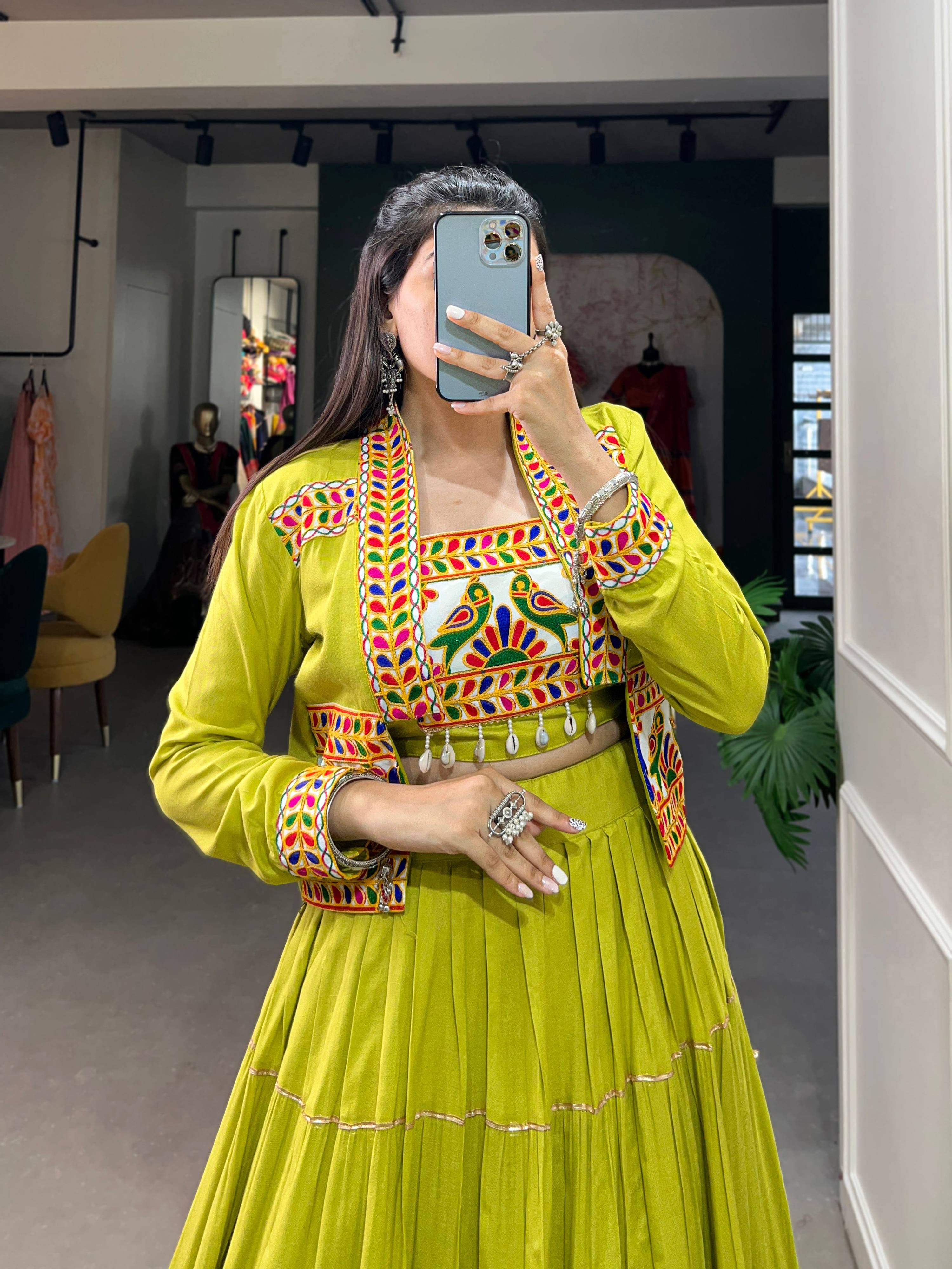 Lorenvalley Fashion Parotgreen Pure Rayon Plain With Gota Patti Touch Up Lehenga Choli with Koti