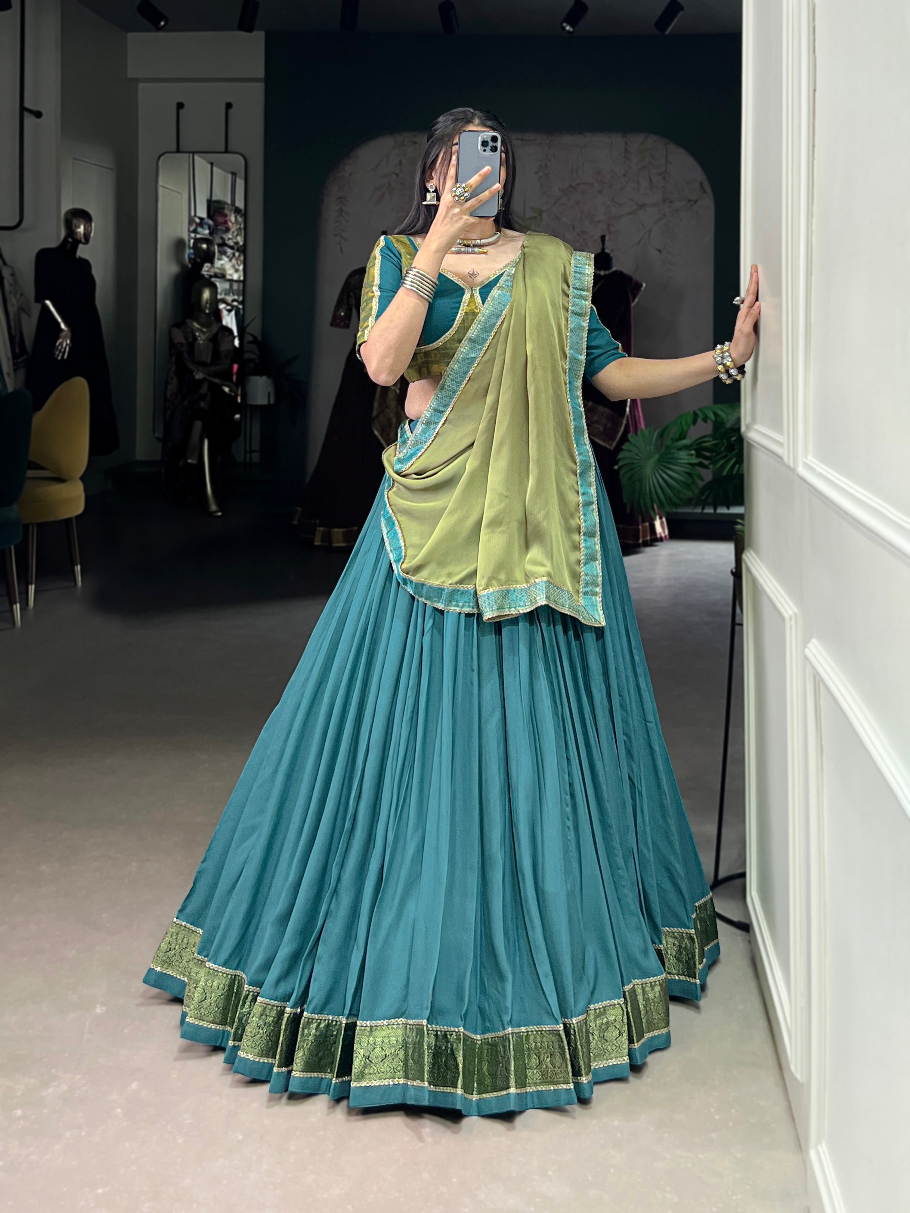 Lorenvalley Teal Pure Rayon Zari Weaving Work With Lace Border Lehenga Choli with Dupatta