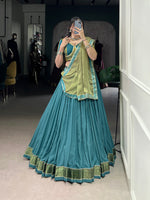 Thumbnail for Lorenvalley Teal Pure Rayon Zari Weaving Work With Lace Border Lehenga Choli with Dupatta